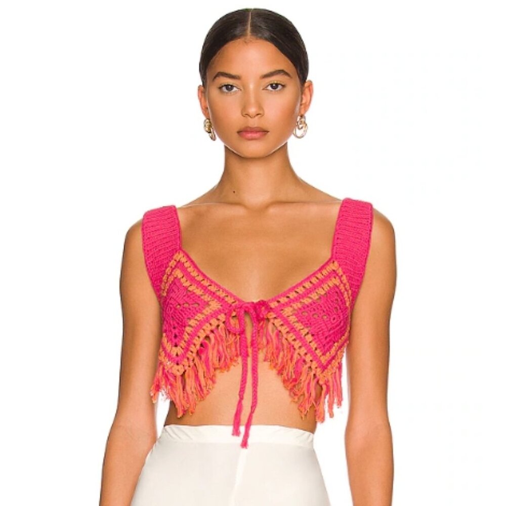 Camila Coelho Mira Hand Crochet Fringe Top in Raspberry & Orange New with tags!